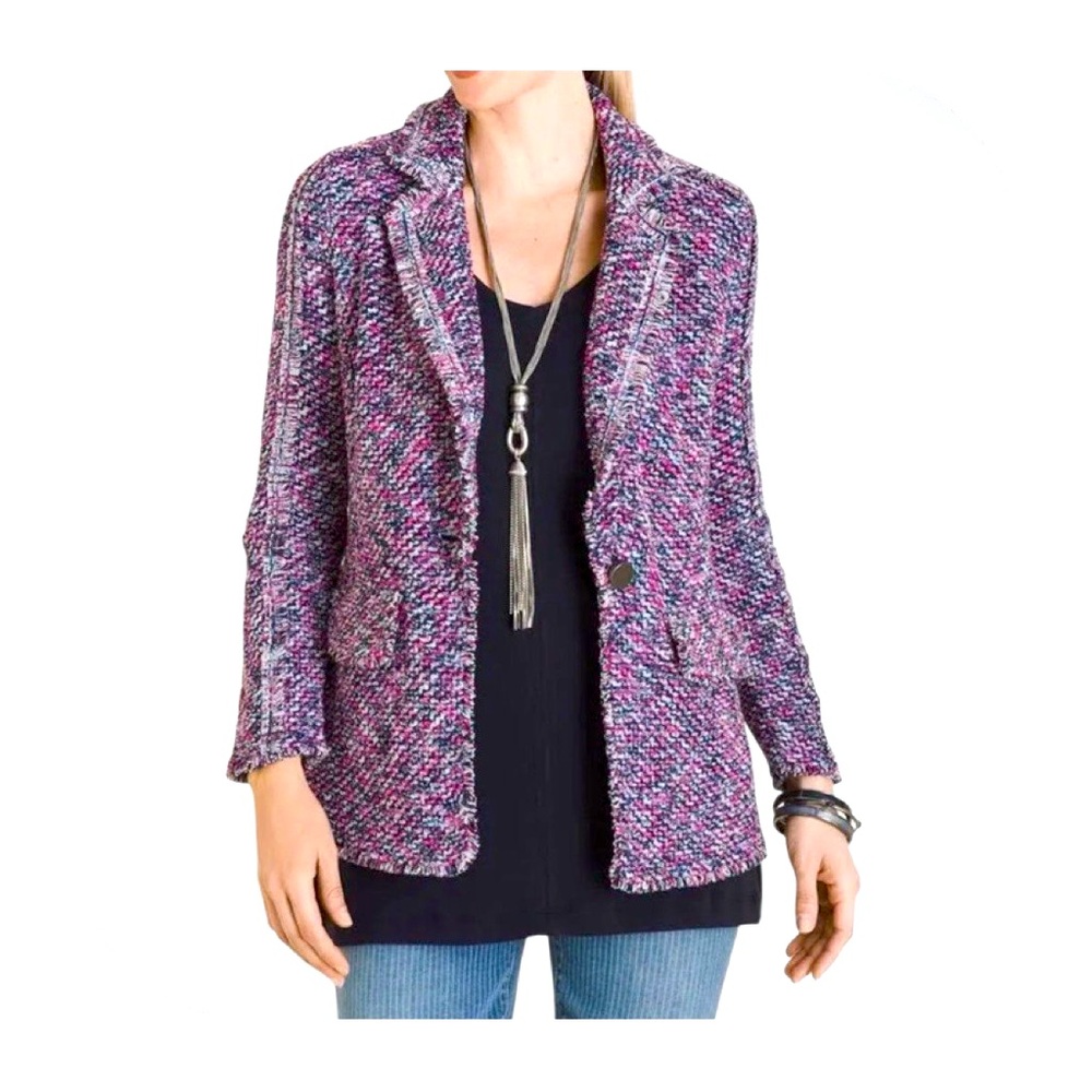 Chico’s Closed Knit 1 Button Closure Exposed Trim on Sleeves Functional Pockets